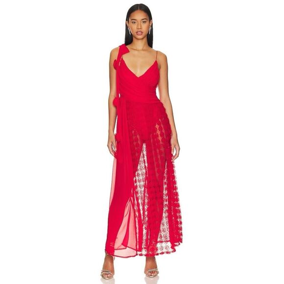 For Love & Lemons Hannah Red Maxi Dress XS Rosette Chiffon Sheer Gown - Picture 16 of 16